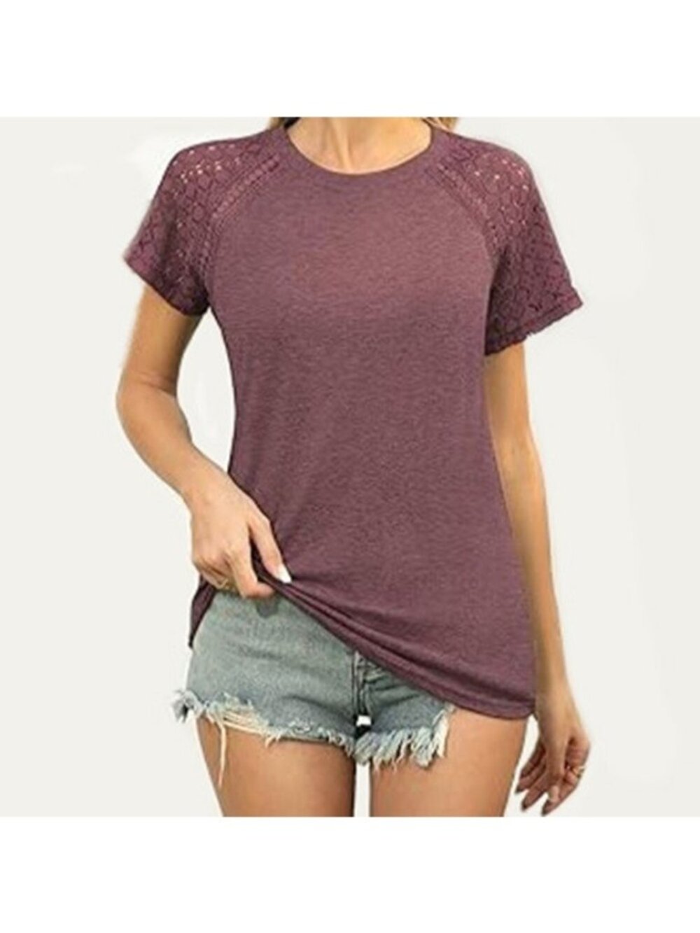 Women's Lace Short Sleeve Tops Dressy Casual Blouse Wine Red Size 3XL